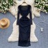 Goddess style niche temperament square neck long sleeved dress for women, sexy, tight fitting, slimming, pleated, slit printed bag buttocks skirt