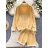 Western style anti-aging suit for women, gentle and versatile, color blocking V-neck zipper long sleeved knitted sweater jacket, high waisted wide leg pants