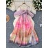 Holiday style dress, female atmosphere, niche strapless ribbon, high waist slimming print, split suspender, fairy long dress