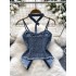 European and American spicy girl style hanging neck suspender denim strapless vest women's summer fringe splicing waist design feeling pure desire top