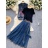 Chinese style women's versatile short sleeved T-shirt+Chinese style heavy industry embroidered vest with waistband and drawstring denim skirt