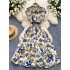 French style niche retro printed dress for women, fashionable and elegant, with a single lapel and a button closure at the waist to show off weight, over the knee shirt skirt