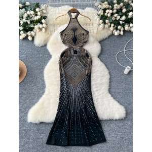 Evening gown women's high-end niche sexy heavy industry hot pressed diamond sleeveless hanging neck slimming and slimming mesh dress for women