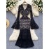 European and American women's dress 2024 new high-end V-neck flared long sleeved slim lace dress dress