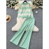 Korean style lazy style contrasting striped pullover knitted sweater for women in autumn and winter, two-piece set, high waist slimming and wide leg pants