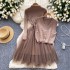 Sweater dress two-piece set for women, autumn and winter, waist cinching and slimming, knitted patchwork mesh, fluffy skirt, layered vest