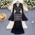 European and American women's dress 2024 new high-end V-neck flared long sleeved slim lace dress dress