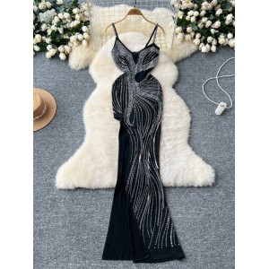 High end dress, women's party dress, niche design, high slit perspective mesh, hot diamond suspender long dress