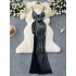 High end dress, women's party dress, niche design, high slit perspective mesh, hot diamond suspender long dress