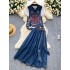 Chinese style women's versatile short sleeved T-shirt+Chinese style heavy industry embroidered vest with waistband and drawstring denim skirt