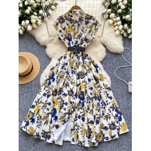 French style niche retro printed dress for women, fashionable and elegant, with a single lapel and a button closure at the waist to show off weight, over the knee shirt skirt