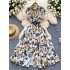 French style niche retro printed dress for women, fashionable and elegant, with a single lapel and a button closure at the waist to show off weight, over the knee shirt skirt