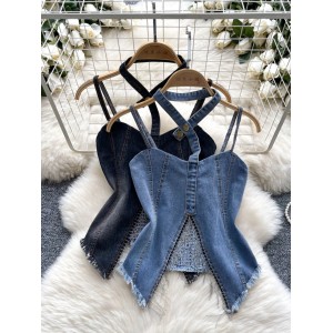 European and American spicy girl style hanging neck suspender denim strapless vest women's summer fringe splicing waist design feeling pure desire top