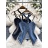 European and American spicy girl style hanging neck suspender denim strapless vest women's summer fringe splicing waist design feeling pure desire top