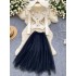 Autumn fashion age reduction two-piece set for women, gentle and stylish V-neck versatile long sleeved ruffle edge knitted sweater, mesh fluffy skirt