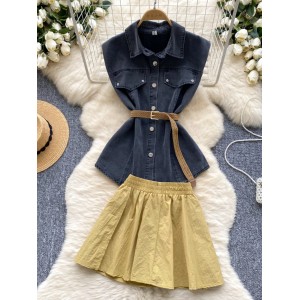 A stylish two-piece set for young women with a slimming effect, featuring a cinched waist, lapel collar, sleeveless denim top and high waisted skirt