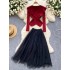 Autumn fashion age reduction two-piece set for women, gentle and stylish V-neck versatile long sleeved ruffle edge knitted sweater, mesh fluffy skirt