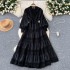 French retro niche lace patchwork lantern sleeve dress, women's waist cinched to show slimming temperament, over the knee elegant long skirt