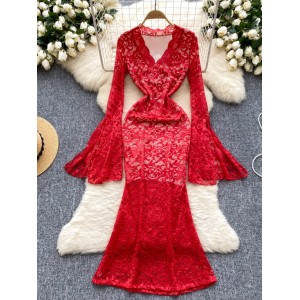 European and American women's dress 2024 new high-end V-neck flared long sleeved slim lace dress dress