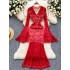 European and American women's dress 2024 new high-end V-neck flared long sleeved slim lace dress dress