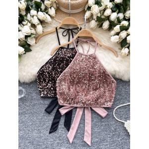 European and American spicy girl style hanging neck suspender strapless vest for women in summer, with straps and backless sequin design, pure desire for a trendy top