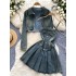 American retro college style spicy girl with waist cinching and slimming suspender denim dress, paired with long sleeved shawl two-piece set for women