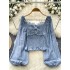 Early autumn new niche design twist fold waist versatile lantern sleeves glitter sparkling French top shirt