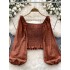 Early autumn new niche design twist fold waist versatile lantern sleeves glitter sparkling French top shirt