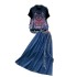 Chinese style women's versatile short sleeved T-shirt+Chinese style heavy industry embroidered vest with waistband and drawstring denim skirt