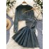 American retro college style spicy girl with waist cinching and slimming suspender denim dress, paired with long sleeved shawl two-piece set for women