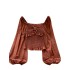 Early autumn new niche design twist fold waist versatile lantern sleeves glitter sparkling French top shirt