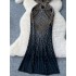 Evening gown women's high-end niche sexy heavy industry hot pressed diamond sleeveless hanging neck slimming and slimming mesh dress for women