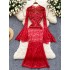 European and American women's dress 2024 new high-end V-neck flared long sleeved slim lace dress dress