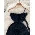 European and American niche sexy scheming off shoulder camisole dress for women with irregular ruffled edges and flowing ribbons, spicy girl dress