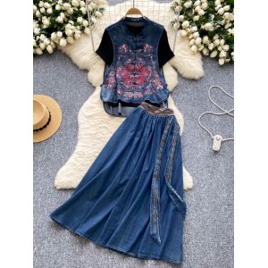 Chinese style women's versatile short sleeved T-shirt+Chinese style heavy industry embroidered vest with waistband and drawstring denim skirt