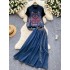 Chinese style women's versatile short sleeved T-shirt+Chinese style heavy industry embroidered vest with waistband and drawstring denim skirt