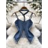 European and American spicy girl style hanging neck suspender denim strapless vest women's summer fringe splicing waist design feeling pure desire top