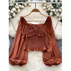 Early autumn new niche design twist fold waist versatile lantern sleeves glitter sparkling French top shirt