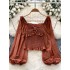 Early autumn new niche design twist fold waist versatile lantern sleeves glitter sparkling French top shirt