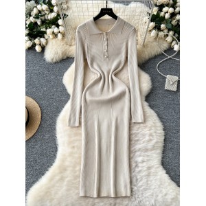 French retro lapel single breasted long sleeved knitted dress for women with a cinched waist to show off a slimming temperament, paired with a woolen dress and a long skirt