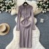 French retro lapel single breasted long sleeved knitted dress for women with a cinched waist to show off a slimming temperament, paired with a woolen dress and a long skirt