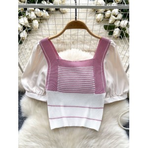 European and American sweet and spicy style bubble sleeve striped knitted sweater for women in summer, with a slim waist and square neck design, unique and trendy top