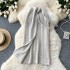 Korean style women's design sense, tie up waist, hollow out hook flower knitted half skirt, slit slim fit mid length skirt