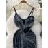 High end dress, women's party dress, niche design, high slit perspective mesh, hot diamond suspender long dress