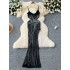 High end dress, women's party dress, niche design, high slit perspective mesh, hot diamond suspender long dress