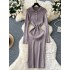 French retro lapel single breasted long sleeved knitted dress for women with a cinched waist to show off a slimming temperament, paired with a woolen dress and a long skirt