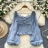 Early autumn new niche design twist fold waist versatile lantern sleeves glitter sparkling French top shirt