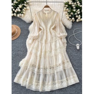 French retro niche lace patchwork lantern sleeve dress, women's waist cinched to show slimming temperament, over the knee elegant long skirt