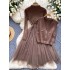 Sweater dress two-piece set for women, autumn and winter, waist cinching and slimming, knitted patchwork mesh, fluffy skirt, layered vest