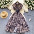 French style niche retro printed dress for women, fashionable and elegant, with a single lapel and a button closure at the waist to show off weight, over the knee shirt skirt